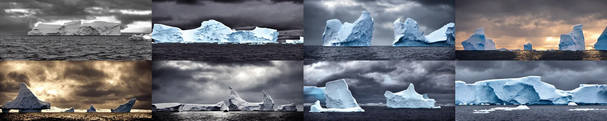 Prompt: !dream an atmospheric photo of an iceberg with pirate ships around it, stormy, cold lighting, beautiful, stunning