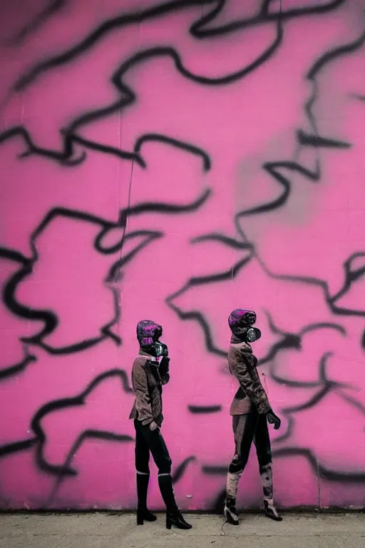 Image similar to a surreal portrait of two women wearing gas masks camouflaged into a wall of pink graffiti in the style of brooke didonato, editorial fashion photography from vogue magazine, full shot, nikon d 8 1 0, ƒ / 2. 5, focal length : 8 5. 0 mm, exposure time : 1 / 8 0 0, iso : 2 0 0