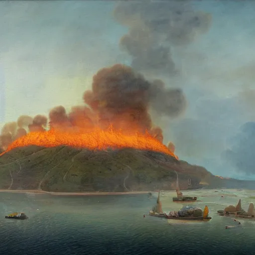 Prompt: an island burning in hellfire, landscape, detailed