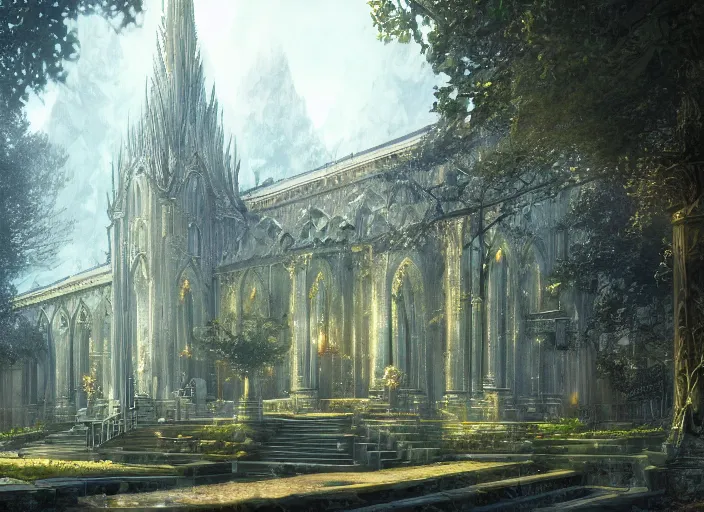 Image similar to A temple church in a beautiful elven city made of black and gold marble, anime, lush trees, fountain, a fantasy digital painting by Greg Rutkowski and James Gurney, trending on Artstation, highly detailed