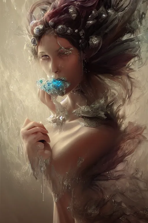 Image similar to beautiful model drowning with face covered with frost diamonds wearing frost velvet, diamonds, angel, fantasy, dramatic lighting, highly detailed, digital painting, magic the gathering, hyper detailed, 3 d render, hyper realistic detailed portrait, peter mohrbacher, wlop, ruan jia