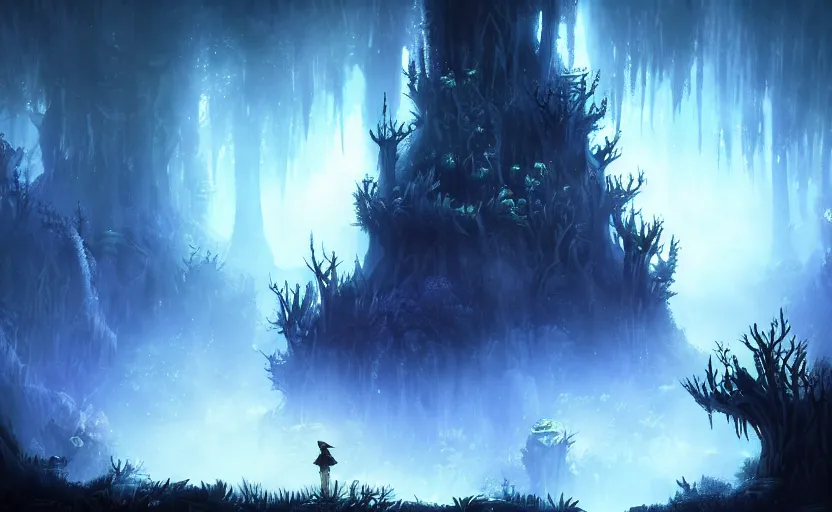 Image similar to dark ominous mysterious ambient magical forest landscape painting, fantasy, dreamlike, foggy, romantic, in the style of Ori and the Blind Forest