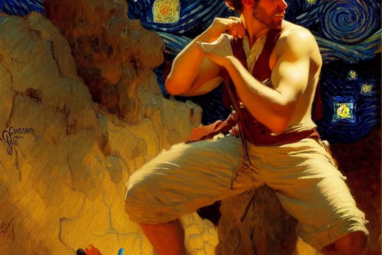 Prompt: attractive male playing pinao, starry night, painting by gaston bussiere, craig mullins, j. c. leyendecker