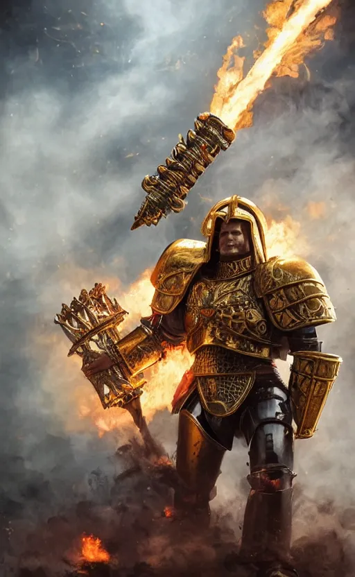 Prompt: 10 foot tall Henry Cavill as warhammer 40k Emperor of Mankind dressed in his golden power armor holding a flaming sword in his right hand. full-length portrait, beautiful face, long hair, painted by Donato Giancarlo and Annie Liebowitz, fine details, cinematic, highly detailed, octane render