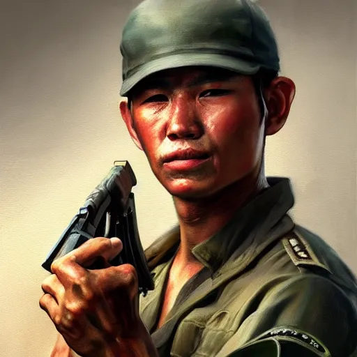 Image similar to a painting of a character fighting in the vietnam war holding a Gun by Mark Arian, high detail, hyperrealistic, concept art, artstation, 8k