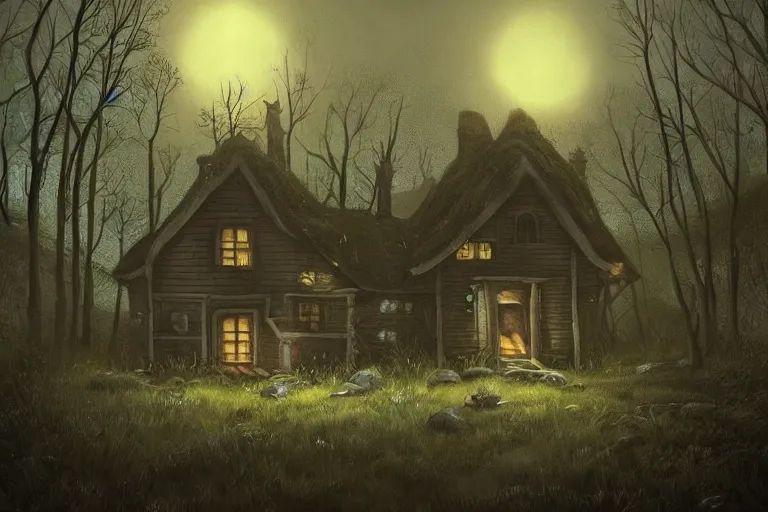 Image similar to an unsettling little cottage in a forest hollow at midnight lit by moonlight, h. p. lovecraft, trending on artstation