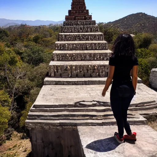 Image similar to a beautiful, attractive 25 year old latina stands on top of a mystic temple