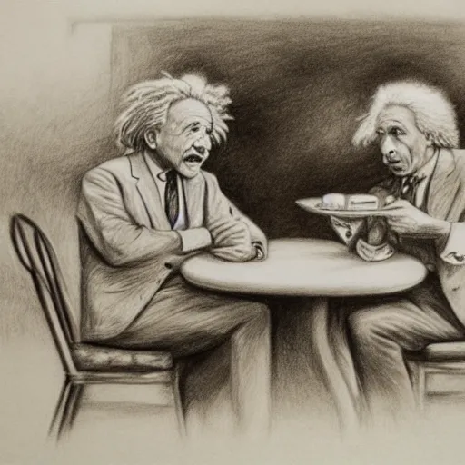 Image similar to Einstein and Newton sitting at cafe, pencil drawing, ultra detailed