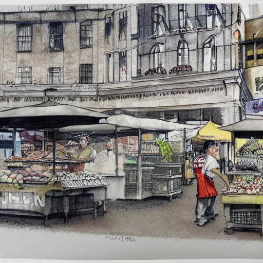 Image similar to pencil and pen drawing of a food market festival by banksy. Street photography. Watercolor finishing.