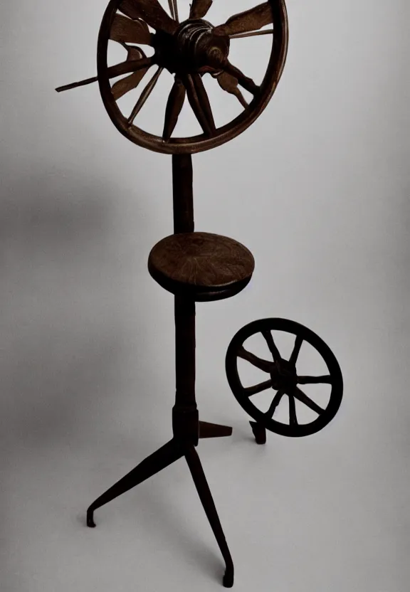 Prompt: a spinning wheel sitting on top of a stool, a surrealist sculpture by marcel duchamp, behance, fluxus, studio portrait, academic art, studio light, grainy 3 5 mm film