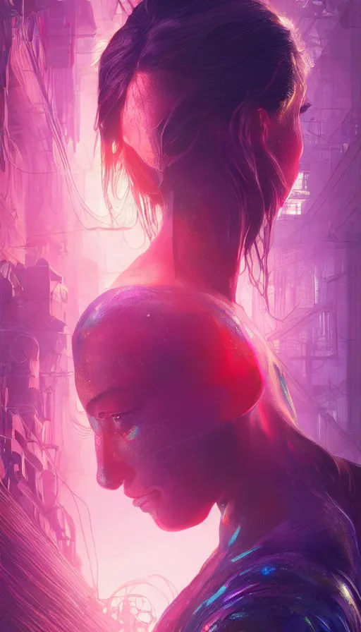 Image similar to altered carbon, neon, fibonacci, sweat drops, insane, intricate, highly detailed, digital painting, artstation, concept art, smooth, sharp focus, illustration, Unreal Engine 5, 8K, art by artgerm and greg rutkowski and alphonse mucha