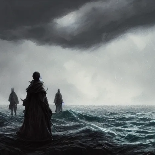 Prompt: dark concept art of umibozu looking at ships, stoic, windy,, dramatic, epic painting, dark clouds, thunderstom, rain, medieval, dark concept art, dark skies painting by wlop, nixeu and greg rutkowski, beautiful, semirealism, artstation, octane render, oil painting, sharpness, 8 k, golden ratio