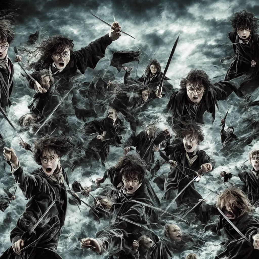 Image similar to The photo of Harry Potter joining the Voldemort and attacking Hogwarts. Highly detailed picture, movie scene, dark scene.