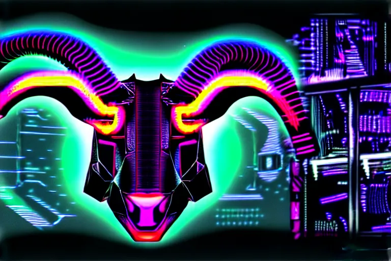 Image similar to complex cyberpunk machine background merged with evil cybernetic goat head in center focus, multicolored digital art