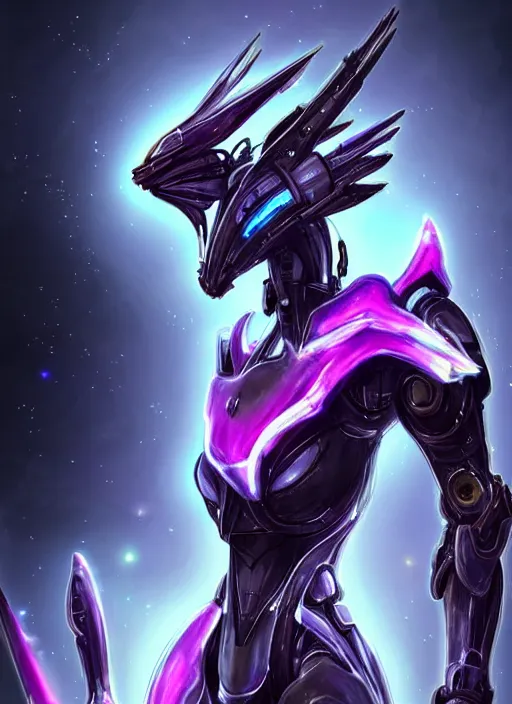 Prompt: detailed cinematic shot, cosmic sized perfectly proportioned stunning beautiful hot female warframe, robot mecha female dragon head, metal ears led eyes, silver armor, fuschia leds, floating in empty space, nebula sized, holding a galaxy, epic proportions, epic size, epic scale, furry art, dragon art, giantess art, warframe fanart, furaffinity, deviantart