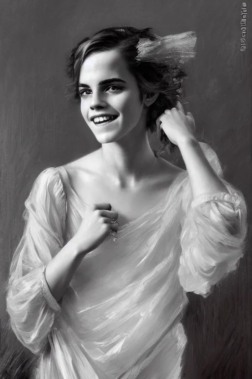 Prompt: smiling emma watson detailed portrait painting by gaston bussiere craig mullins j. c. leyendecker richard avedon