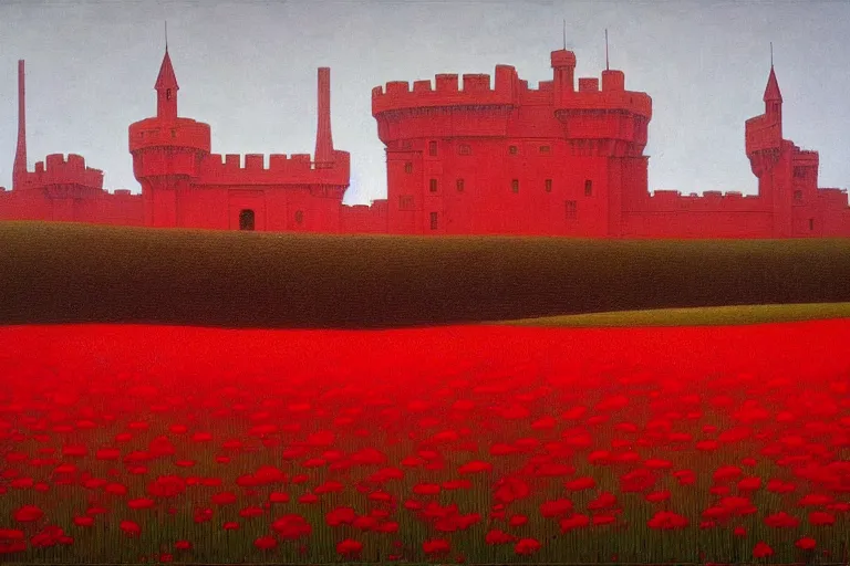 Image similar to only with red, red flowers of different types, a castle in the background, red giants rest over the flowers, in the style of beksinski, part by hopper, part by rodcenko, part by hofbauer, intricate composition, red by caravaggio, insanely quality, highly detailed, masterpiece, red light, artstation, 8 k