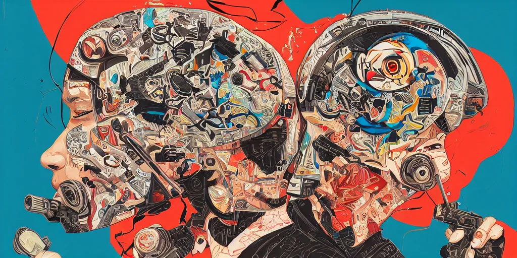 Prompt: a brain screaming at a gun, Tristan Eaton, victo ngai, artgerm