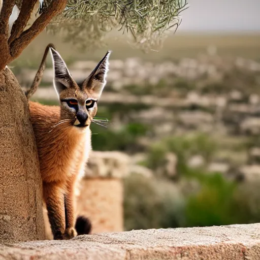 Image similar to a cinematic film still of a claymation stop motion film starring cute fluffy caracal near wooden barrel, ancient greek city, olive trees, shallow depth of field, 8 0 mm, f 1. 8