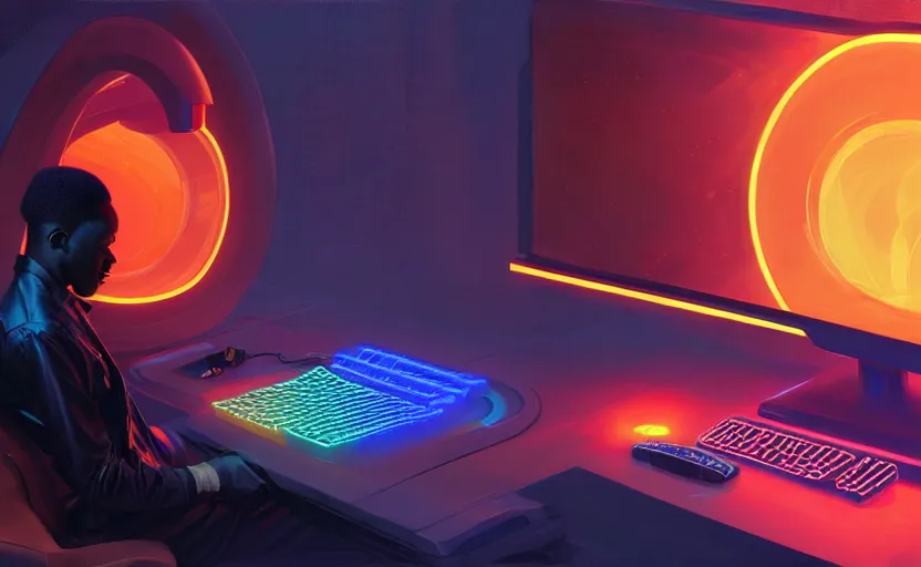 Prompt: handsome black genius at his gaming pc, holographic keyboard and curved digital holographic displays, luxury interior, electric orange glowing lights, highly detailed, digital painting, artstation, concept art, smooth, sharp focus, illustration, art by wlop, mars ravelo and greg rutkowski