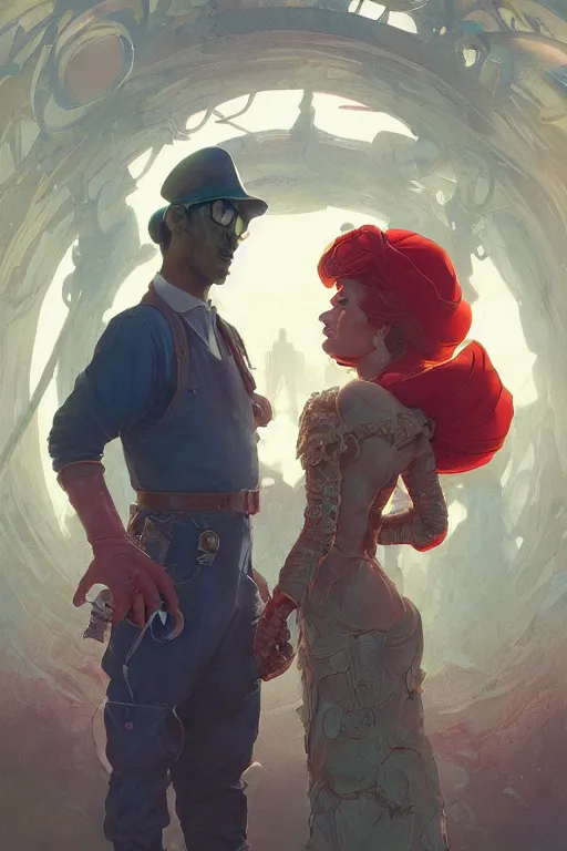 Image similar to Mario and his wife from Nintendo, disco elysium, highly detailed, digital painting, artstation, concept art, smooth, sharp focus, illustration, art by artgerm and greg rutkowski and alphonse mucha and Wayne Barlowe and Zdislav Beksinski and Francis Bacon