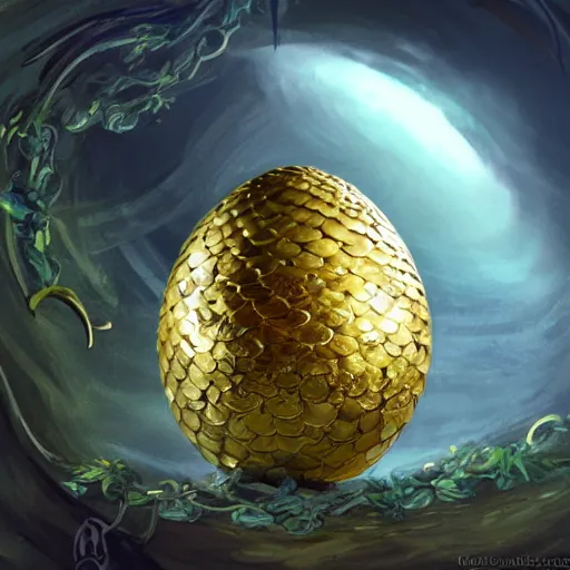 Image similar to an elaborate dragon egg emerging from the blossom of a metallic gold flower with tendrils of gold wrapping around the egg, fantasy concept art