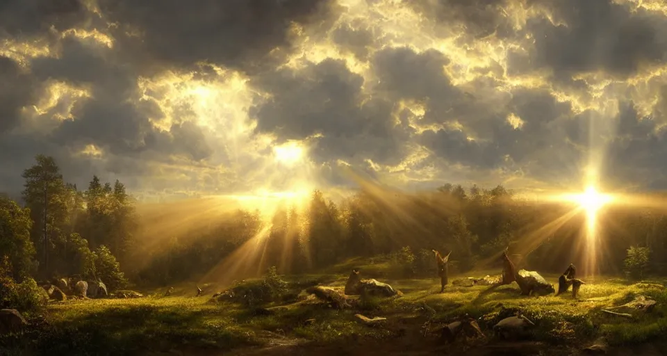 Image similar to heaven!! angels!! god rays, by eugene von guerard, ivan shishkin, dramatic lighting, concept art, trending on artstation, 8 k