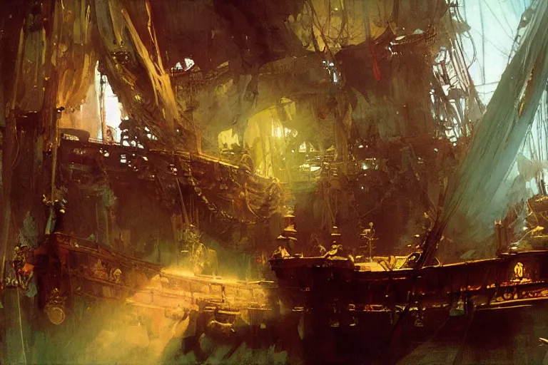 Image similar to pirate ship deck interior, intricate, elegant, highly detailed, vivid colors, john harris, frazetta, tyrus wong, ruan jia, jeffrey catherine jones