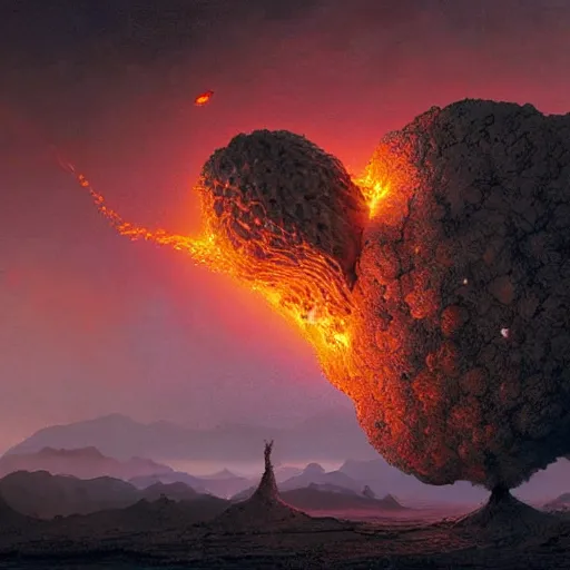 Image similar to A digital painting of a meteorite made of an insect hive burning up in the atmosphere, Wayne Barlowe Greg Rutkowski Jessica Rossier