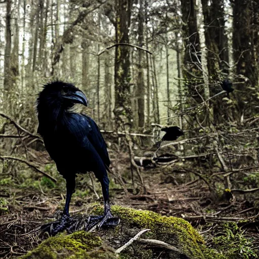 Image similar to !!! chimera consisting of male human and crow, photograph captured in a forest