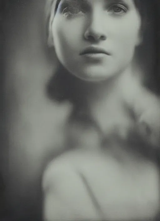 Image similar to dreamy close up portrait of a young women, photo realistic, elegant, award winning photograph, parallax, cinematic lighting, ambrotype wet plate collodion by martin shuller, richard avedon dorothe lange and and shane balkowitsch