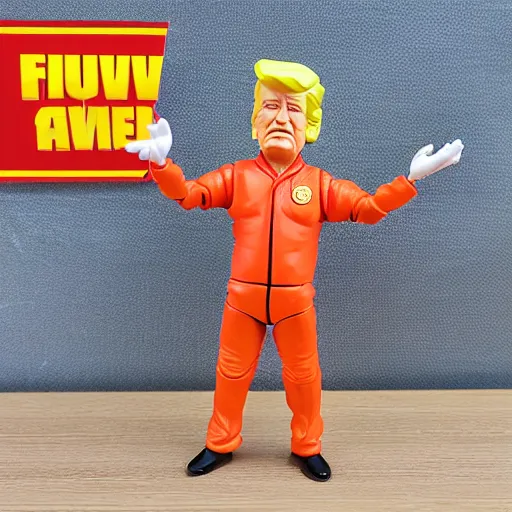 Prompt: toy action figure of donald trump in orange jumpsuit, happy meal toy, realistic, product photo