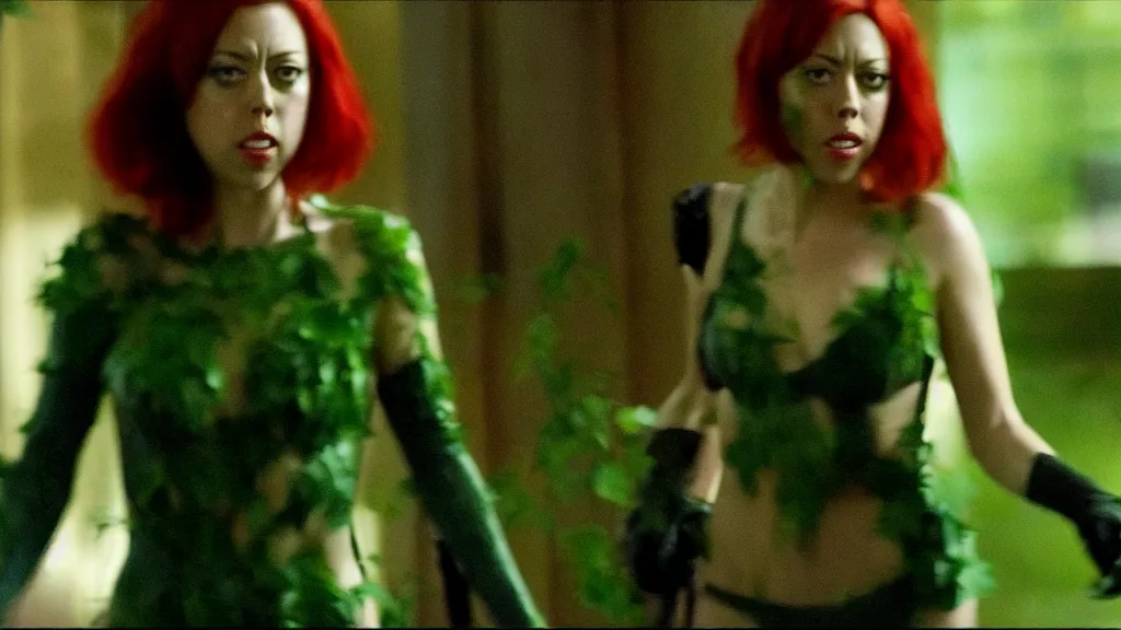 Image similar to Aubrey Plaza as Poison Ivy in The Dark Knight, only her in the shot, green skin film still from the movie, wide lens