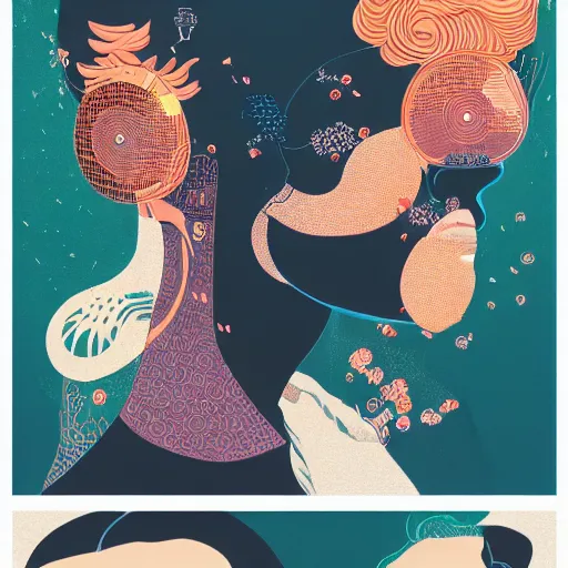 Image similar to illustration of to pout, in colors # 1 1 3 4 a 6, # 7 3 c 2 fb, # 6 6 9 3 fs, # 9 8 fb 9 8, # 0 1 7 9 6 f, by studio multi and victo ngai, malika favre