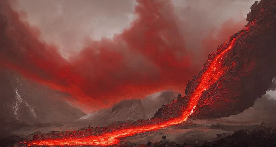 Image similar to a volcano made of ivory vines and crimson rocks enters in eruption, it spits a smoke in the shape of demonic eye, by JAKUB ROZALSKI