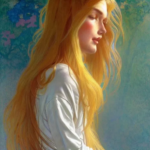 Image similar to A young woman with blonde long hair and bangs in shorts and white shirt drawn by Donato Giancola and Julie Bell, frank frazetta, alphonse mucha, background by James Jean and gustav klimt, 4k, volumetric lighting, french nouveau, trending on artstation, octane render, hyperrealistic