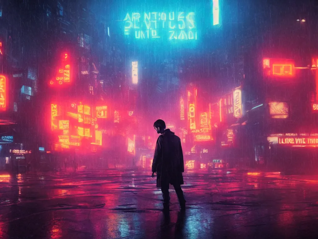 Image similar to Aaron Swartz in film still from Blade Runner 2049, beautiful lighting, raining, neon lights, cinematic depth, ultra-sharp details, imax post production, criterion collection, 8k