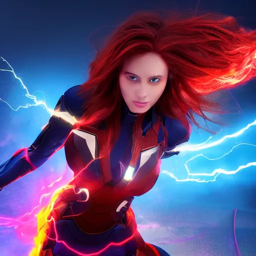 Prompt: vfx marvel woman with flowing fire hair and glowing eyes, super hero photo real full body action pose, volumetric lightning, highly detailed, high quality, 3d render, art station, center of picture.
