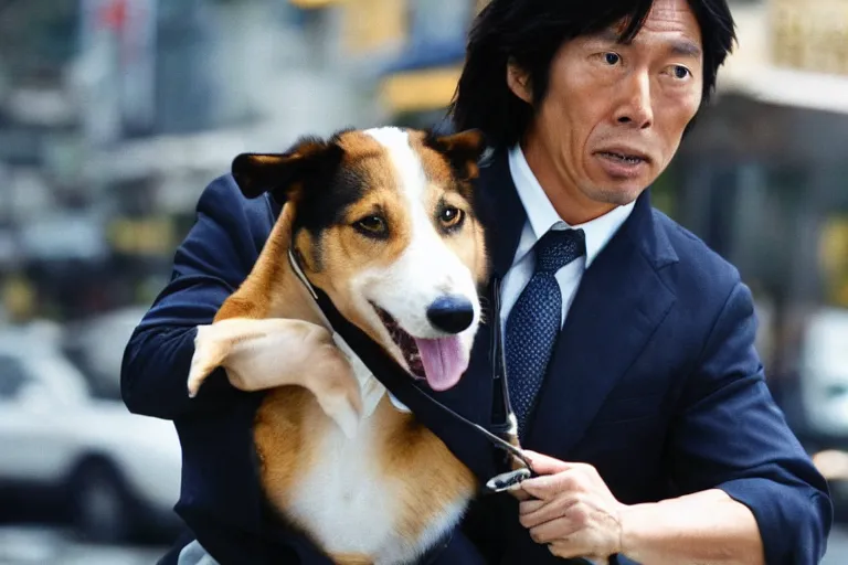 Prompt: cinematography action movie closeup portrait of a Japanese business man carrying his dog running from an explosion in Tokyo by Michael Bay