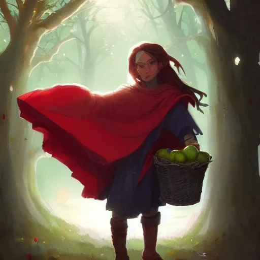 Image similar to a girl with a red cloak holding a basket full of apples, by Jordan Grimmer and greg rutkowski, crisp lines and color,