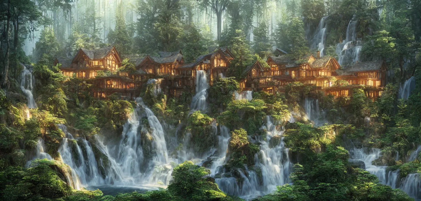 Image similar to beautiful big house in the forest, waterfall flows down from the mountain, octane render, fabulous, hyper detailed, random cinematic view, no noise, global illumination, warm lighting, volumetric, godrays, vivid, by jordan grimmer