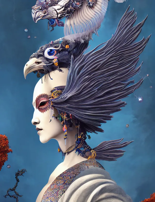 Image similar to 3 d goddess in robe close - up profile portrait with ram skull. beautiful intricately detailed japanese crow kitsune mask and clasical japanese kimono. betta fish, jellyfish phoenix, bio luminescent, plasma, ice, water, wind, creature, artwork by tooth wu and wlop and beeple and greg rutkowski