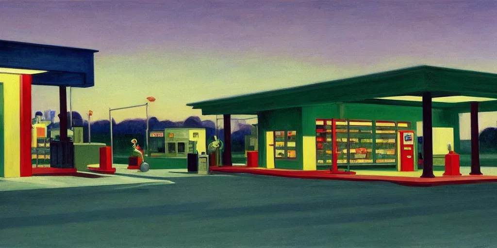 Prompt: painting by edward hopper, gas station at dusk, 1 9 4 0, kermit the frog is robbing the gas station