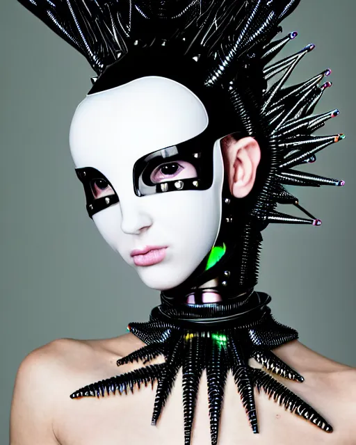 Image similar to symmetrical portrait of a biomechanical cyborg wearing a silicone steel spikes studded iridescent beauty mask and neon hair buns, wearing a black bodysuit by iris van herpen, cream white background, soft diffused light, biotechnology, humanoid robot, bjork aesthetic, translucent, by rineke dijkstra, intricate details, highly detailed, masterpiece,