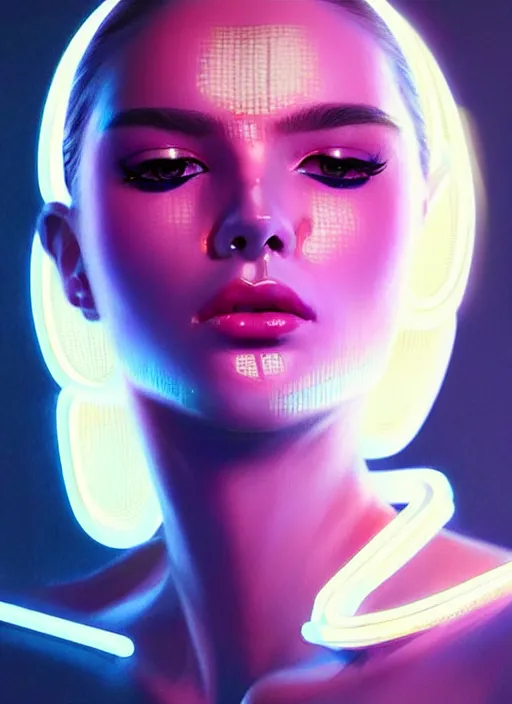 Image similar to photorealistic portrait of female humanoid, cyber neon lights, highly intricate, retro 6 0 s haute couture fashion, elegant, highly detailed, crispy quality, trending on artstation, trending on pinterest, glamor pose, no signature, no watermark, art by artgerm and greg rutkowski