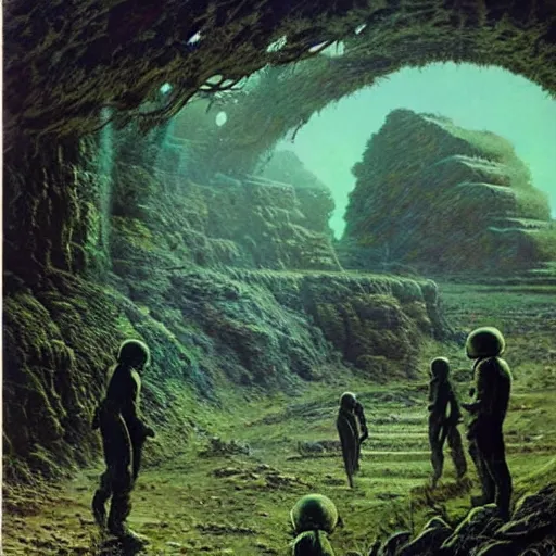 Prompt: astronauts exploring alien ruins, green mist atmosphere, art by bruce pennington