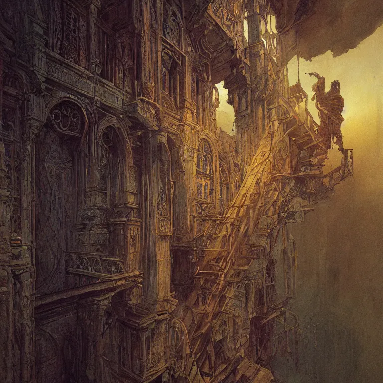 Prompt: a detailed painting inspired by moebius and beksinski of a medieval two floor building. fantasy poster. lord of the rings style. cinematic fantasy scene. fantasy. carl spitzweg. renaissance elements. renaissance element. oil painting. award winning. trending on artstation. 8 k