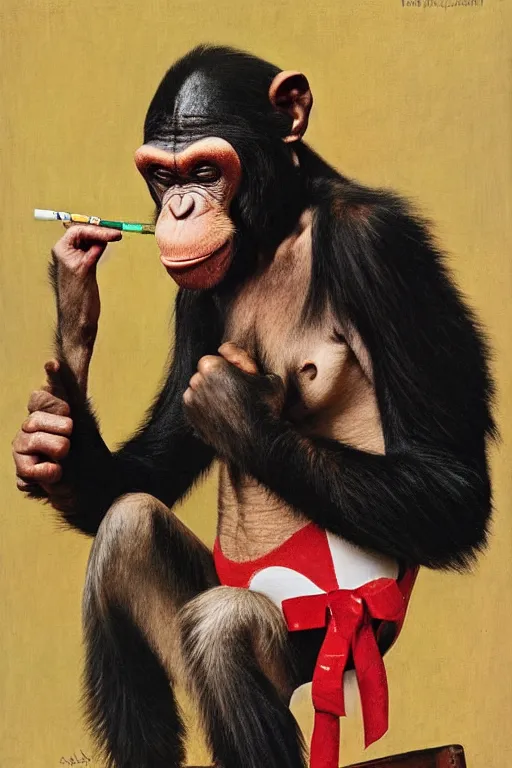 Image similar to a chimp in a clown suit smoking a cigarette, painted by Norman Rockwell