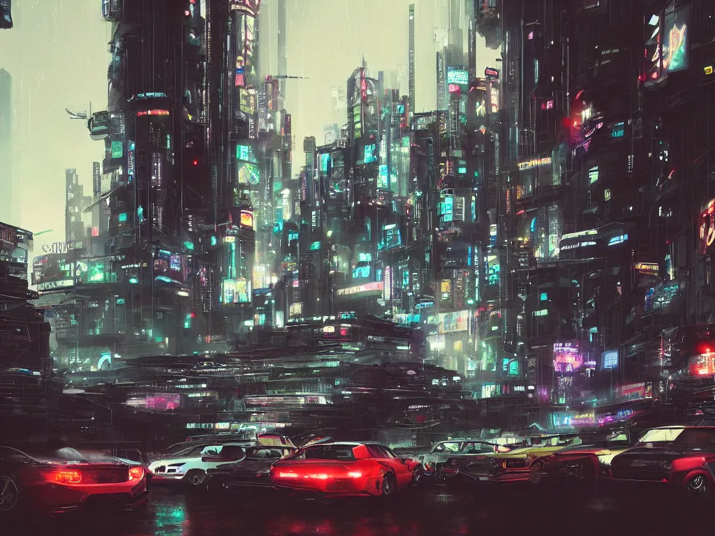 Prompt: a group of cars parked in a parking lot next to tall buildings, cyberpunk art by liam wong, cgsociety, retrofuturism, futuristic, cityscape, dystopian art