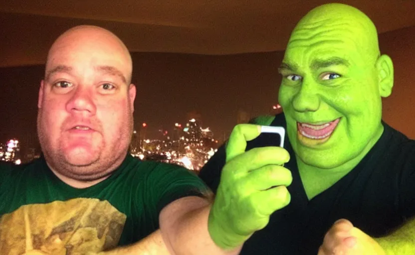 Prompt: my uncle that look like shrek if he was real accidentally taking a selfie, front camera, camera flash is so bright in his face, viral, selfie, viral on twitter, viral on instagram, viral photo